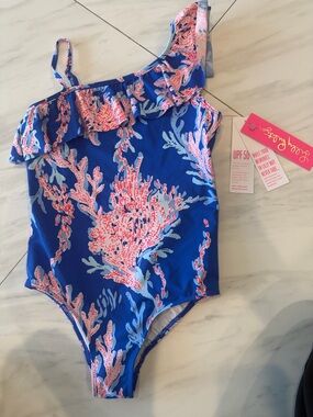 Lilly Pulitzer Bright Blue One-Shoulder Coral Print Swimsuit